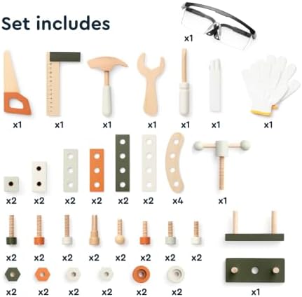 Kids Wooden Workbench, 61-Piece Tool Bench Set with Saw, Hammer, Spanner, Screwdriver, Nuts and Bolts, Chalkboard, Safety Goggles and Gloves, Construction Toy, Pretend Play, Boys, Girls Age 3+ - Image 7