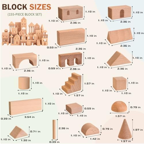 155-Piece Wooden Building Blocks Set with Storage Bag - Image 5
