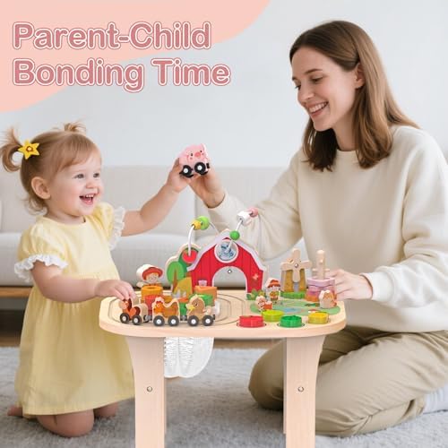 Kids Wooden Farm Activity Table for 1 2 3 Years Old, Montessori Learning Toy with Bead Maze, Shape Sorter & Animal Train, Sensory Development Toy for Toddlers, Educational Gift for Baby Boys Girls 1+ - Image 5