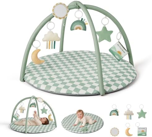 Blissful Diary Baby Play Gym Mat, Play Mat Activity Mat with 6 Detachable Toys for Stage-Based Sensory & Motor Skill Development, Easy to Install & Clean, Baby Essentials Gift, Sage Checkerboard by BlissfulDiary