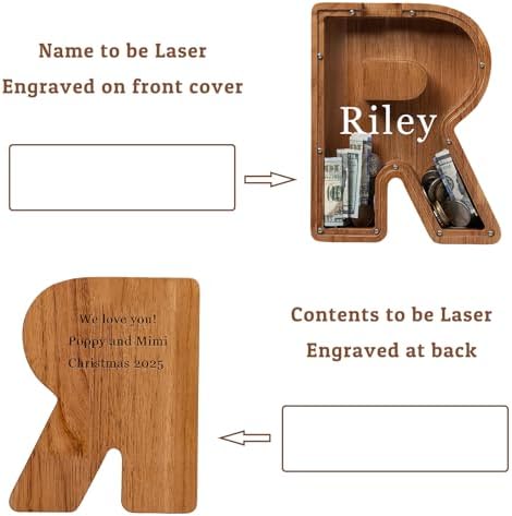 Personalized Large Wooden Kids Letter Piggy Bank - (Laser Engraved) Custom Piggy Bank for Boys Girls - Wooden Banks with Initials - Alphabet Money Box Bank Birthday Letter R Bank - Image 2