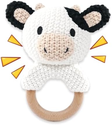 Cow Baby Rattle Sensory Toy Knitted Plush Stuffed Animal Teether Wood Ring Visual Tracking Auditory Development Shaker for Infants 3-9 Months Baby Birthday Shower Gift Infant Toys Gift by JUSTQUNSEEN