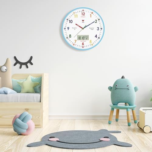 Foxtop Digital and Analog Learning Clock for Kids - Telling Time Teaching Clock 12 Inch Silent Non-Ticking Battery Operated Kids Wall Clock for Kids Room Playroom Nursery Classroom School (Blue) - Image 5