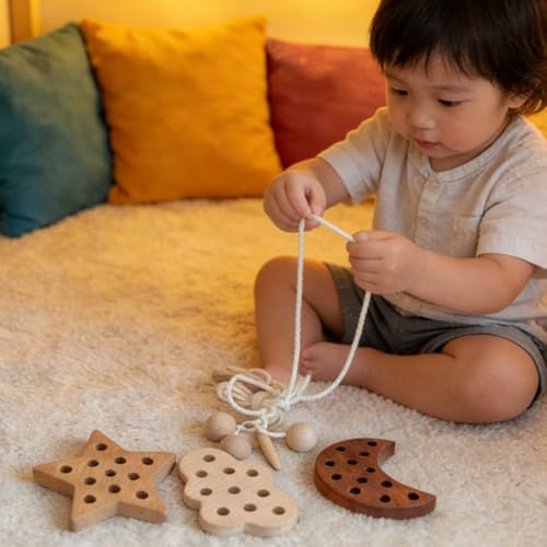 3 Pack Wooden Lacing Threading Toys for Toddlers 1-3 Solid Wood Threading Activity Puzzles, Moon/Stars/Cloud Quiet Toddler Toys for Airplane Travel Fine Motor Skills Sensory Toys - Image 5