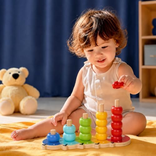 TOWO Wooden Stacking Rings Toy, Caterpillar Counting Ring Stacker - Image 2