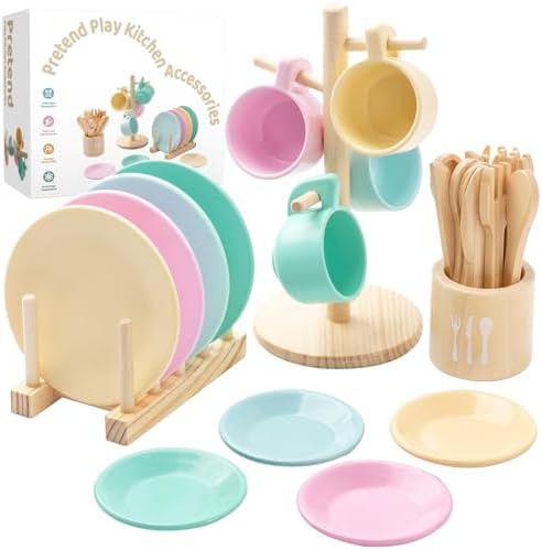 GAGAKU Kids Wooden Play Dishes Set -27Pcs Montessori Play Kitchen Accessories Plates and Bowls Set, Storage Stand & Play Food, Pretend Cooking Toys for Ages 3-5, Educational Gift for Toddler by GAGAKU