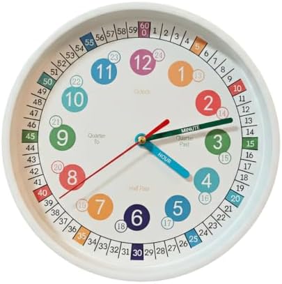 Learning Time 8 Inch Wall Clock for Kids,Non-Ticking Kids Colorful Clock,Silent Wall Clock Decorative for Kids Room ，School Classroom（White，8 Inch） by SYOYUEX