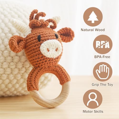 Wooden Baby Rattle, Crochet Cow Rattle, Newborn Wooden Animal Rattle Toy, Infant Rattle Toys - Image 2