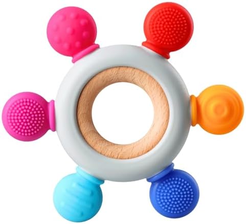 Baby Teething Toys, Silicone Chewable Teethers with Wooden Ring for Soothing Babies Gums, Rudder Chewers Shower Gift for lnfants & Toddlers, 3+ Months (6 Directions, Rainbow) by Kalovin