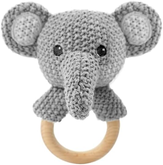 Baby Toys Stuffed Animals Handbell,Elephant Rattle Toy Wooden Rattle Toys for Baby,Knit Stuffed Animal Cute Rattle with Teether Ring Newborn Birthday Gifts（Elephant） by JUSTQUNSEEN