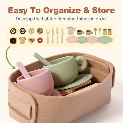 Youuys Tea Party Set for Toddlers 3-5, Wooden & Silicone Pretend Play Tea Set with Desserts, Table Decor Board & Basket, Garden Tea Party Toy for Girls Boys, Birthday Gift for Kids Ages 3+ - Image 7
