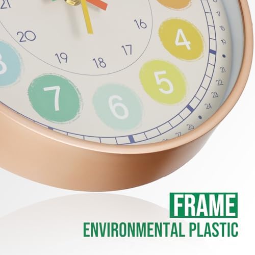 Kids Wall Clock Telling Time Silent Non-Ticking Learning Clock Colorful Teaching Wall Clocks Round Plastic Analog Educational Decor Clock for Classroom, Playroom (EDU3-Rose Gold, 10 inch) - Image 4