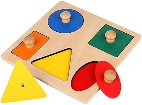 Montessori Wooden Puzzle Board Knob Wooden Puzzle Geometric Shape Puzzle Early Education Material Sensorial Toy for Toddler Shape & Color Sorter (5 Geometry Shape) by Thoth