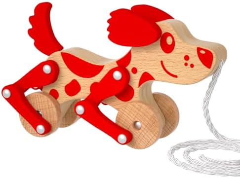 Wooden Pull Along Toy for Toddlers, Montessori Walking Pull Dog Toy (Red) by LKYOXS