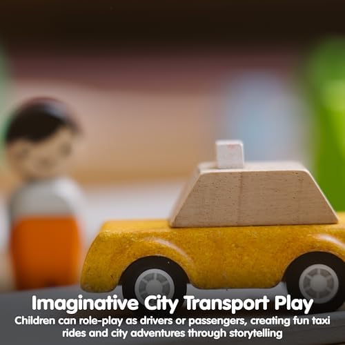 PlanToys® Yellow Taxicab Wooden Montessori Vehicle Kids Indoor Play Toy Set - Image 5