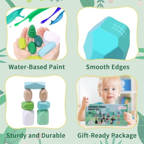 YHHYTOY 40Pcs Montessori Wooden Stacking Rocks Building Blocks Forest Theme - Image 3