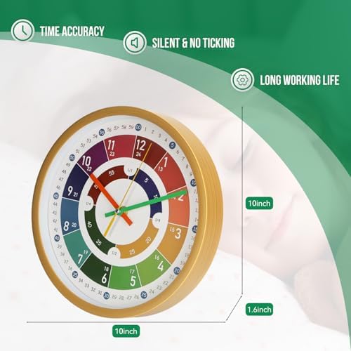 Kids Wall Clock Telling Time Silent Non-Ticking Learning Clock Colorful Teaching Wall Clocks Round Plastic Analog Educational Decor Clock for Classroom, Playroom, Bedroom (EDU2-Wood, 10 inch) - Image 2