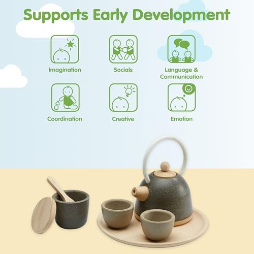 PlanToys® Wooden Classic Tea Set for Montessori Inspired Pretend Play | Social Interaction, Communication and Imaginative Role Play | Eco Friendly Wooden Tea Time Set for Creative Learning - Image 4