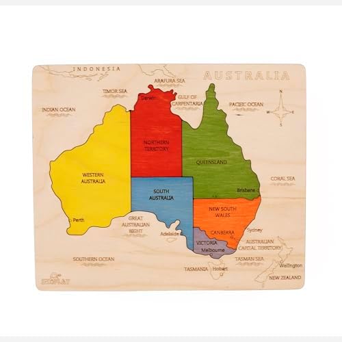 Australia Map Wooden Jigsaw Puzzle for Kids | 6 Puzzle Pieces | Learning & Educational Toy Gift for Boys & Girls Ages 3 Years and Above by EKOPLAY