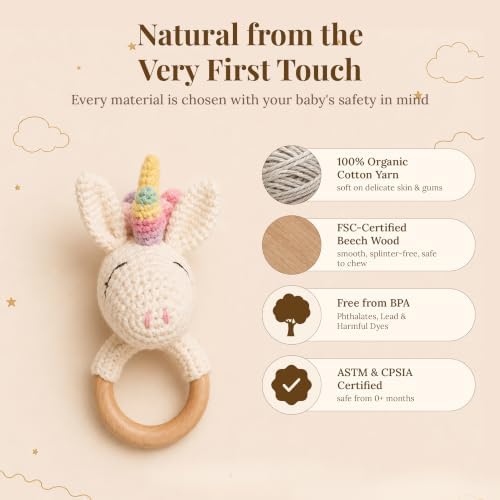Néa Archí Crochet Baby Rattle, Organic Cotton & Beech Wood, Unicorn - Image 7