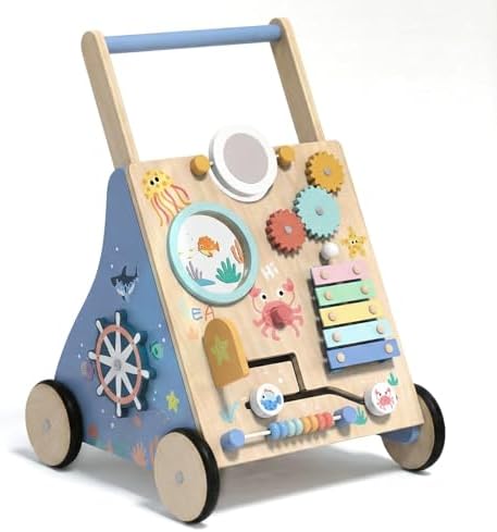 Ocean-Themed Wooden Baby Walker with Activity Center, Montessori Push Walker Toy for Babies 18 Months, Safe First Steps Baby Walking Aid for Boys & Girls by GiggleGems
