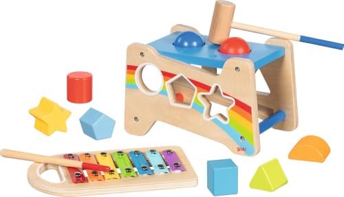 goki 58304 Hammer Bench with Xylophone and Sorting Function, 12-Piece Wooden Motor Skills Toy with Removable Wind Chime - 3-in-1 Knock Bench, Sorting Box, Xylophone - Image 5