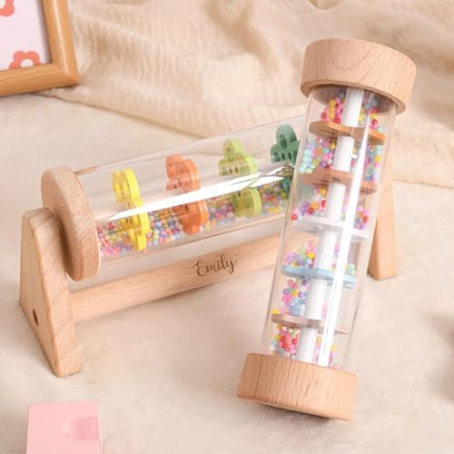Custom Engraved Wooden Baby Rattle, Personalized Baby Rain Stick Rattle, Engraved RattleRainbow Hourglass Rattle, Gift for Kids - Image 4