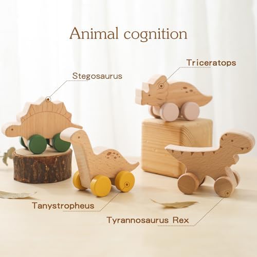 Wooden Dinosaur Cars Montessori Toys for Babies Baby Push Car Toys Wooden Toy Vehicles Development and Infant Grasping Montessori Toys(3PCS) - Image 2