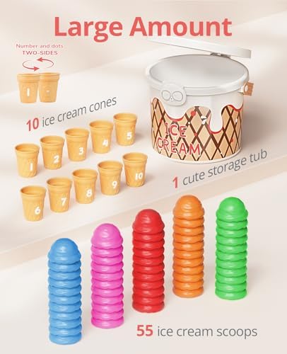 JoyCat Ice Cream Preschool Learning Activities Counting and Color Sorting Set Stacking Toys for Kids 3-5, Educational Fine Motor Skills Toys, 65PCS Math Manipulatives - Image 3