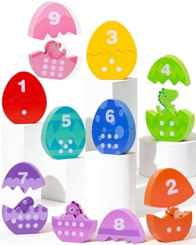 Montessori Learning Toys for Toddlers, Wooden Number Counting Dinosaur Toys by OEUVI