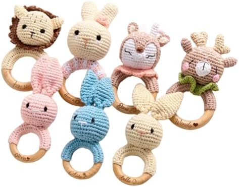 Crochet Animal Baby Rattle, Personalized Wooden Rattle for Newborns, Baby Shower Gift, Birthday Keepsake, Montessori-Inspired Toy, Custom Name Option by Handmade