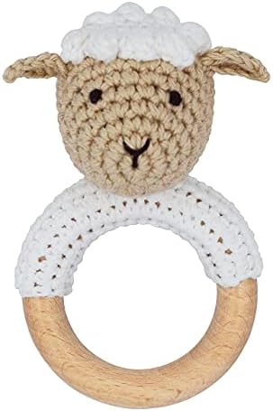 Joliecraft Natural Wooden Baby Rattle Soft Shaker Toy with Teething Ring for Infants Cream Lamb by Joliecraft
