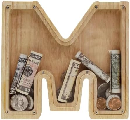 Wooden Letter Piggy Bank for Kids Boys Girls, A-Z Letters Wood Coin Bank Money Box, Piggy Bank for Toddler Family Christmas Birthday Gift(M) by FINDAMAZE