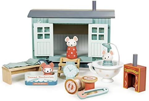 Tender Leaf Toys - Secret Meadow Shepherd’s Hut - Portable Furnished Wooden Shepherd’s Hut on Wheels with 11 Pcs Accessories and 3 Mice Dolls - Open-Ended Play and Story Tellings - Age 3+ by TenderLeaf