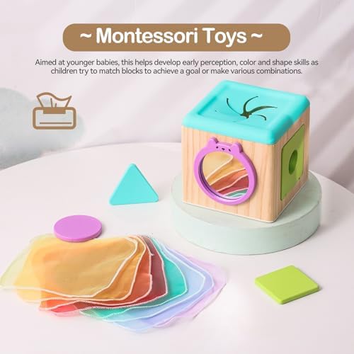 Youuys Wooden Baby Tissue Box Toy - Montessori Tissue Box Toy for Babies 12 Months with 3 Shape Blocks & 8 Silk Paper, Baby Boy Girl Gifts for Babies 12 18 Months Old Birthday Children Day - Image 4