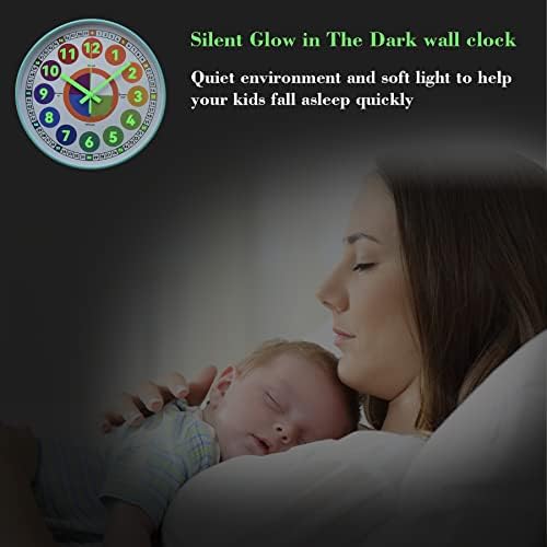 Learning Clock for Kids, Glow in The Dark Wall Clock for Bedroom, 12 Inch Silent Night Light Kids Wall Clock, Colorful Illuminated Telling Time Teaching Clock,Kids Room Decor (Illuminated Ice Blue) - Image 2