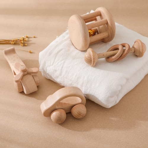 Wooden Baby Rattle Set - Montessori Grip Toy for Newborns, Natural Wood Gift Set of 3 - Image 3