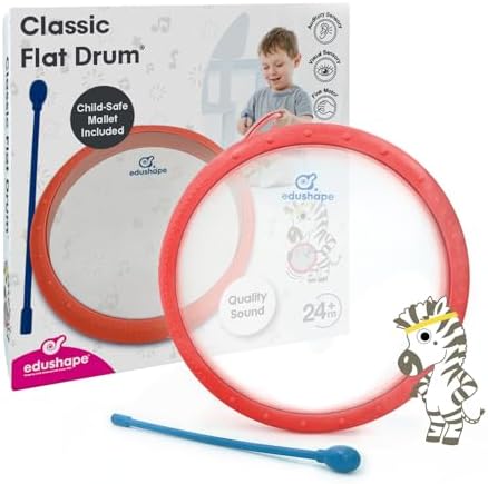 Edushape Classic Flat Drum for Baby with Easy-Grip Mallet - Set of 1 Red Color Baby Drum Toy for Toddlers, 2-Year Old and Up - Small Drums Musical Toy for Babies, Fun Tummy Time, Sensory Development by EdushapeShapingChildDevelopmentSince1983