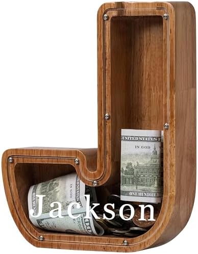 Personalized Large Wooden Kids Letter Piggy Bank - (Laser Engraved) Custom Piggy Bank for Boys Girls - Wooden Banks with Initials - Alphabet Money Box Bank Birthday Letter J Bank by Ladenk