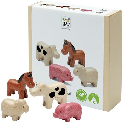 PlanToys Farm Animal Figurines Set - Four Cute Sustainably-Made Wood Pig, Sheep, Cow, and Horse Figures to Stimulate Interactive and Creative Play by PlanToys