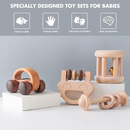Wooden Baby Rattle Set, Newborn Wooden Rattle Toy, Natural Wooden Montessori Baby Grip Toy, Baby Gift Toy, Wood Rattle Set-2 - Image 2