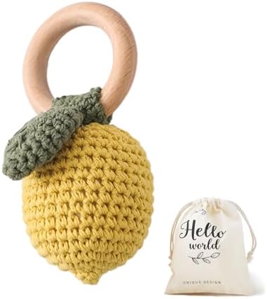 WOODEN TEETHER Crochet Baby Rattle, Crochet Baby Toys, Organic Wooden Newborn Toys, Newborn Animal Rattle Toys，Knitted Stuffed Animals Gifts for Baby, Lemon by WOODENTEETHER