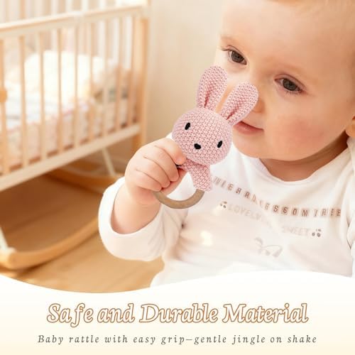 12" Handmade Crochet Rabbit Stuffed Animal, Baby-Safe Cotton Plush with Rattle, Hypoallergenic Toy for Newborns 0-12 Months, Ideal Baby Shower & 1st Birthday Gift - Image 5