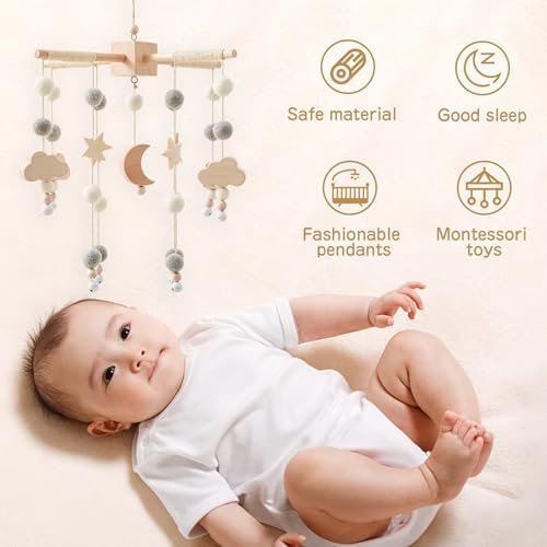 Wooden Bed Bell Crib Mobile with Music Box – Soft Felt Cartoon Bear Hanging Rattle Toy for Nursery Decor, Handcrafted Montessori-Inspired Crib Mobile (Candy) - Image 6