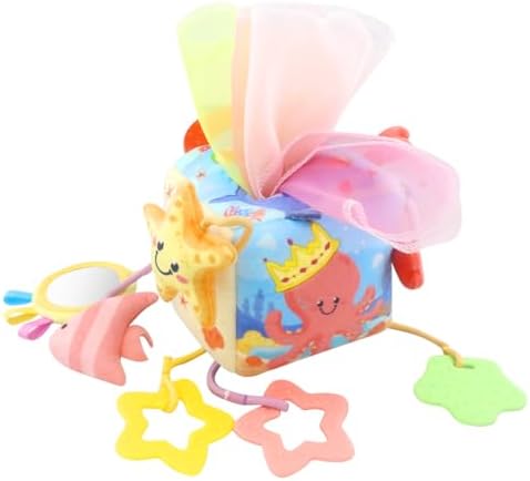 Caterbee Baby Tissue Box Toy with Hanging Hook, Sensory Pull Out Fabric Tissues, Rattle & Teether, Montessori Hanging Toy for Stroller, Car Seat & Crib, Infant Development Toy (Ocean) by caterbee