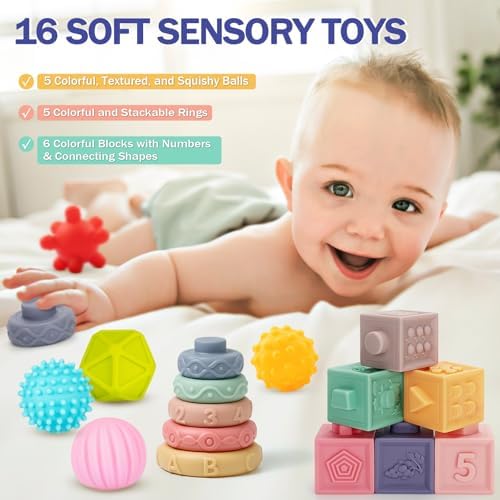 Baby Toys 6 to 12 Months, 5 In 1 Montessori Toys for 1 Year Old, Incl Travel Pull String Toy & Rattle Teether & Stacking Baby Block & Soft Infant Ring & Sensory Ball for Toddler 0-3-6-9-12 Month - Image 6