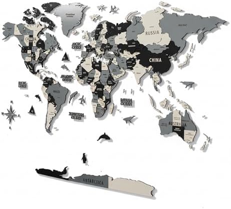 Colorfull Worlds 3D Wooden World Map Wall Art | Unique Wall Decor with Pins for Travel Enthusiasts | Home and Office Wall Décor | Grey | XLarge by ColorfullWorlds