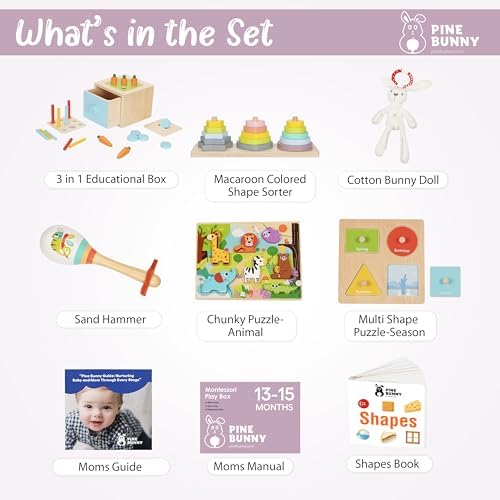 Pine Bunny Montessori Wooden 11-in-1 Toy Set for 13+ Months 3-in-1 Coins Carrots Matchsticks box Shape Sorter Bunny Doll Sand Hammer Animal Puzzle Educational Learning and Problem Solving Toddler Toys - Image 2