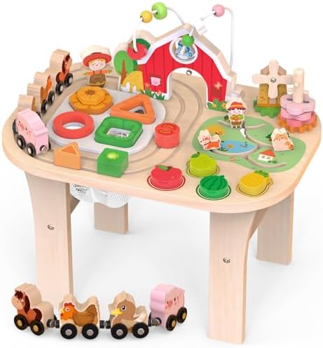 Kids Wooden Farm Activity Table for 1 2 3 Years Old, Montessori Learning Toy with Bead Maze, Shape Sorter & Animal Train, Sensory Development Toy for Toddlers, Educational Gift for Baby Boys Girls 1+ by Rmischolar
