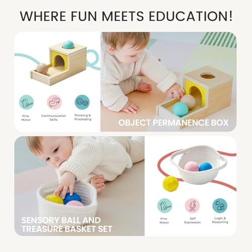 Tiny Land Montessori Toy Set for Babies 7-9 Months Senser Play Kit - 5-in-1 Wooden Learning Toys with Object Permanence Box, Sensory Ball, Stacking Cups and Mirror Puzzle,Body Board Book - Image 3